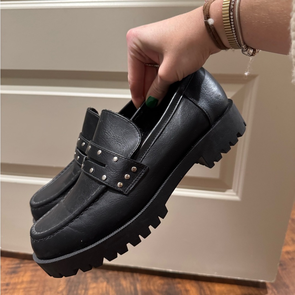 Black Leather Loafers with Studded Strap